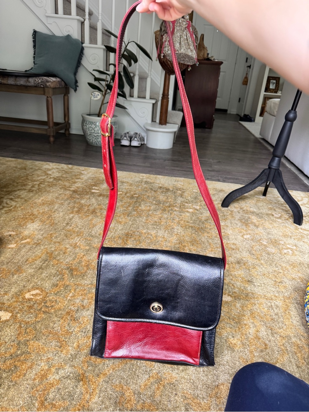 Vintage Classic Two-Tone Leather Crossbody Bag - Black & Red